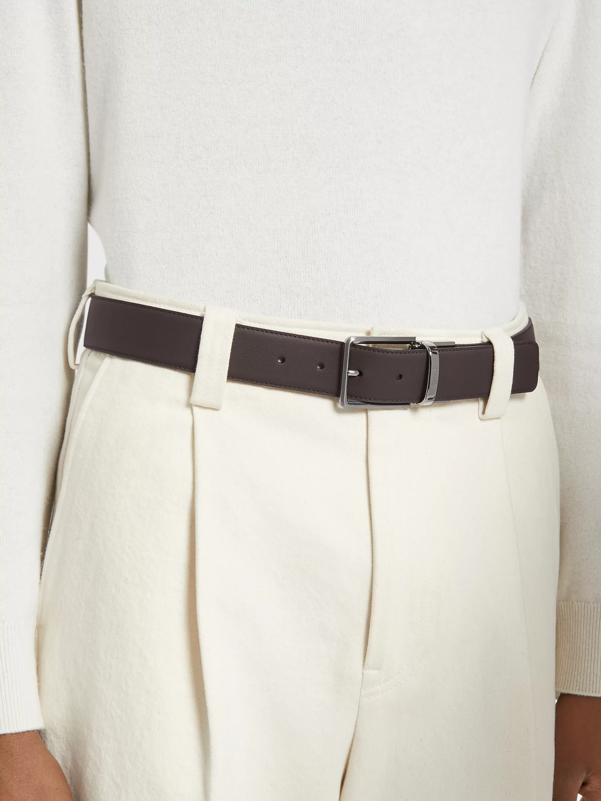 Sale ZEGNA Ceinture Reversible En Cuir Lisse Marron Fonce Et Cuir Graine Noir Marron Fonce/Noir