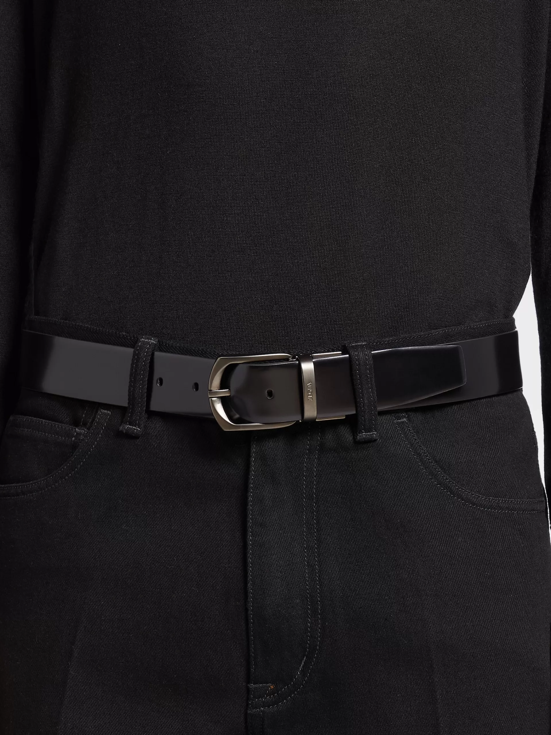 Cheap ZEGNA Ceinture Reversible En Cuir Lisse Noir Brillant Et Cuir Grave Madras Noir Noir/Noir