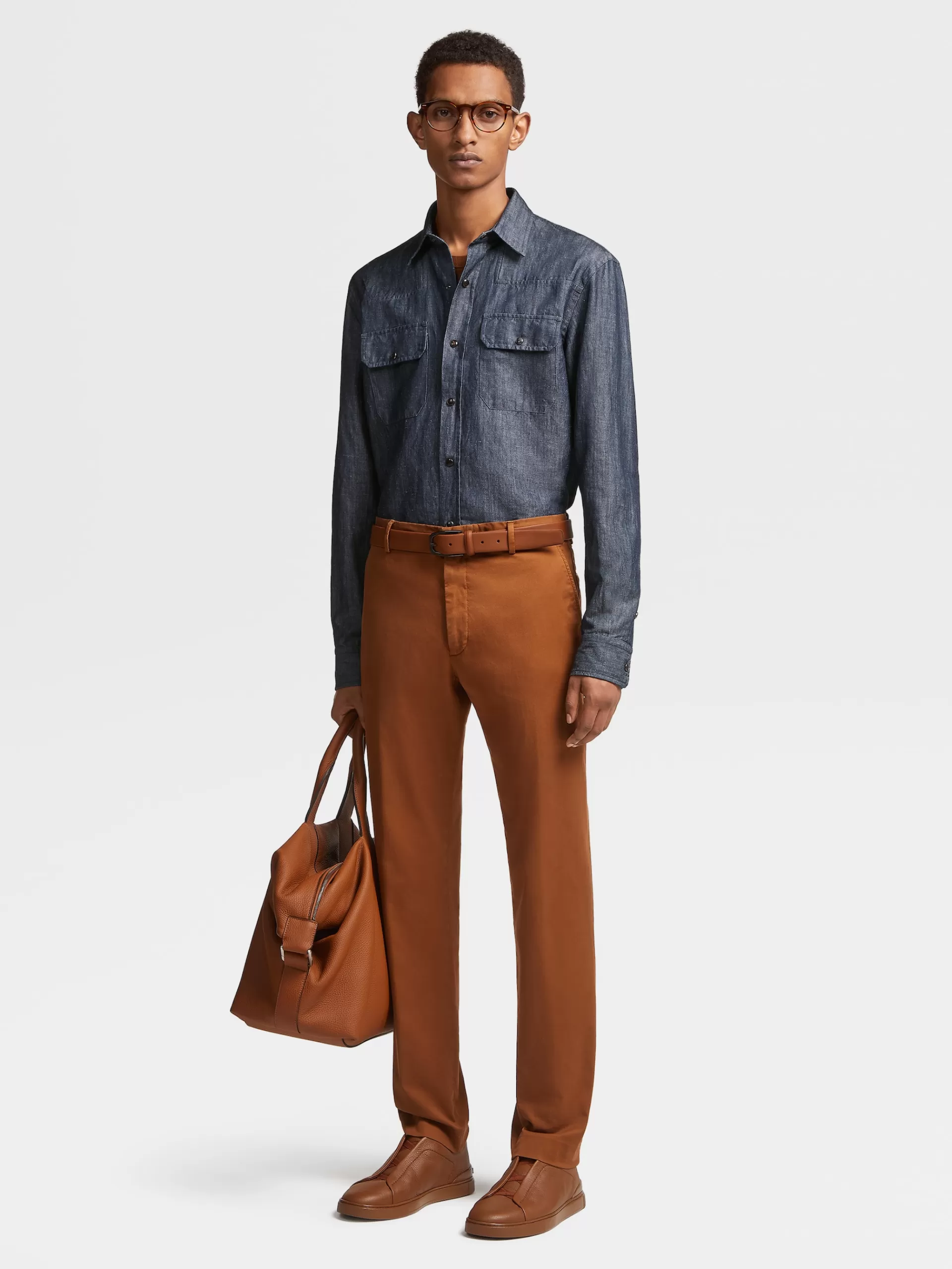 Sale ZEGNA Chemise A Manches Longues En Denim De Coton Et Lindelave Bleu Encre