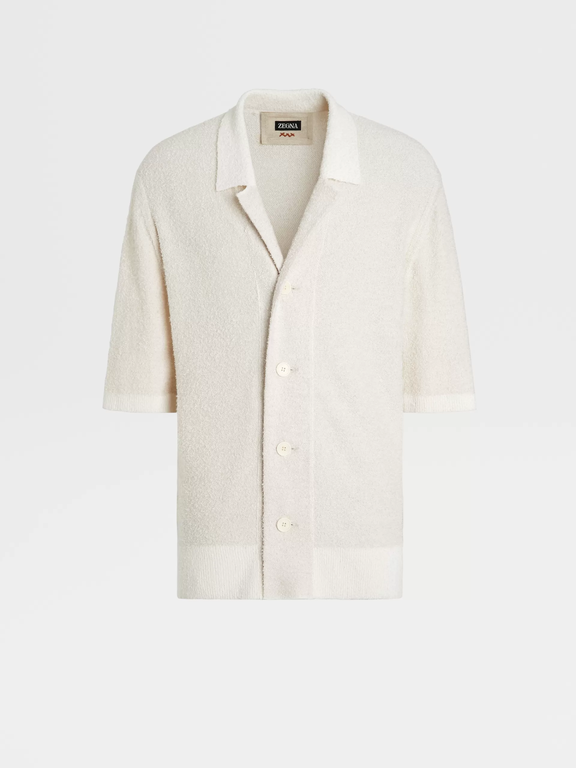 Sale ZEGNA Chemise Bowling Manches Courtes En Maille De Soie Et Cachemire Blanc Casse