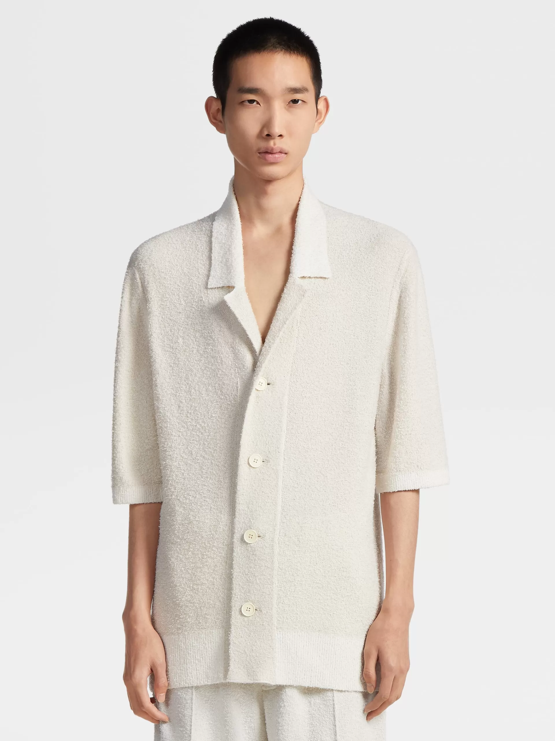 Sale ZEGNA Chemise Bowling Manches Courtes En Maille De Soie Et Cachemire Blanc Casse