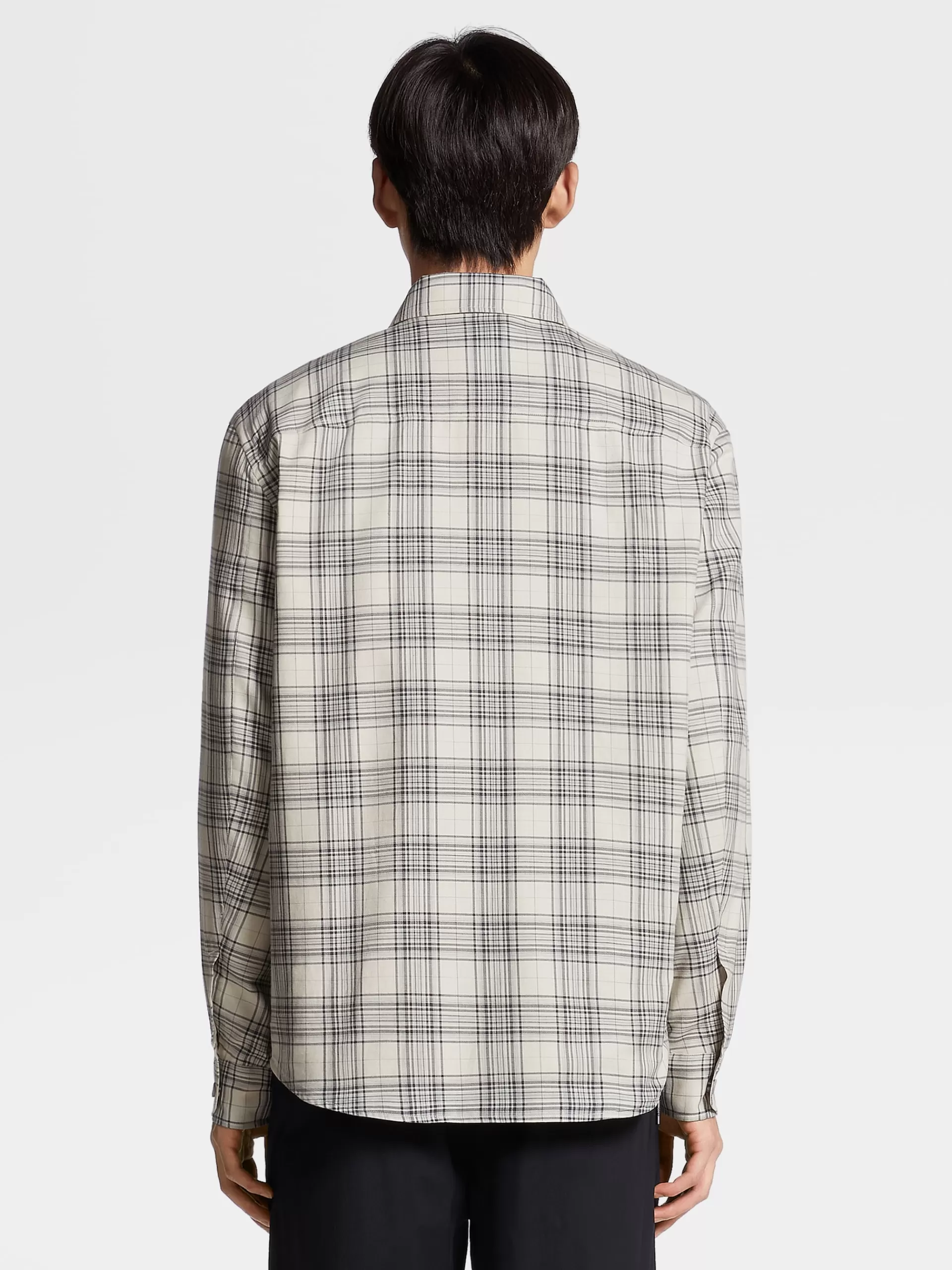 Fashion ZEGNA Chemise Manches Longues Blanc Casse Et Noir A Damier En Cashco Blanc Casse/Noir