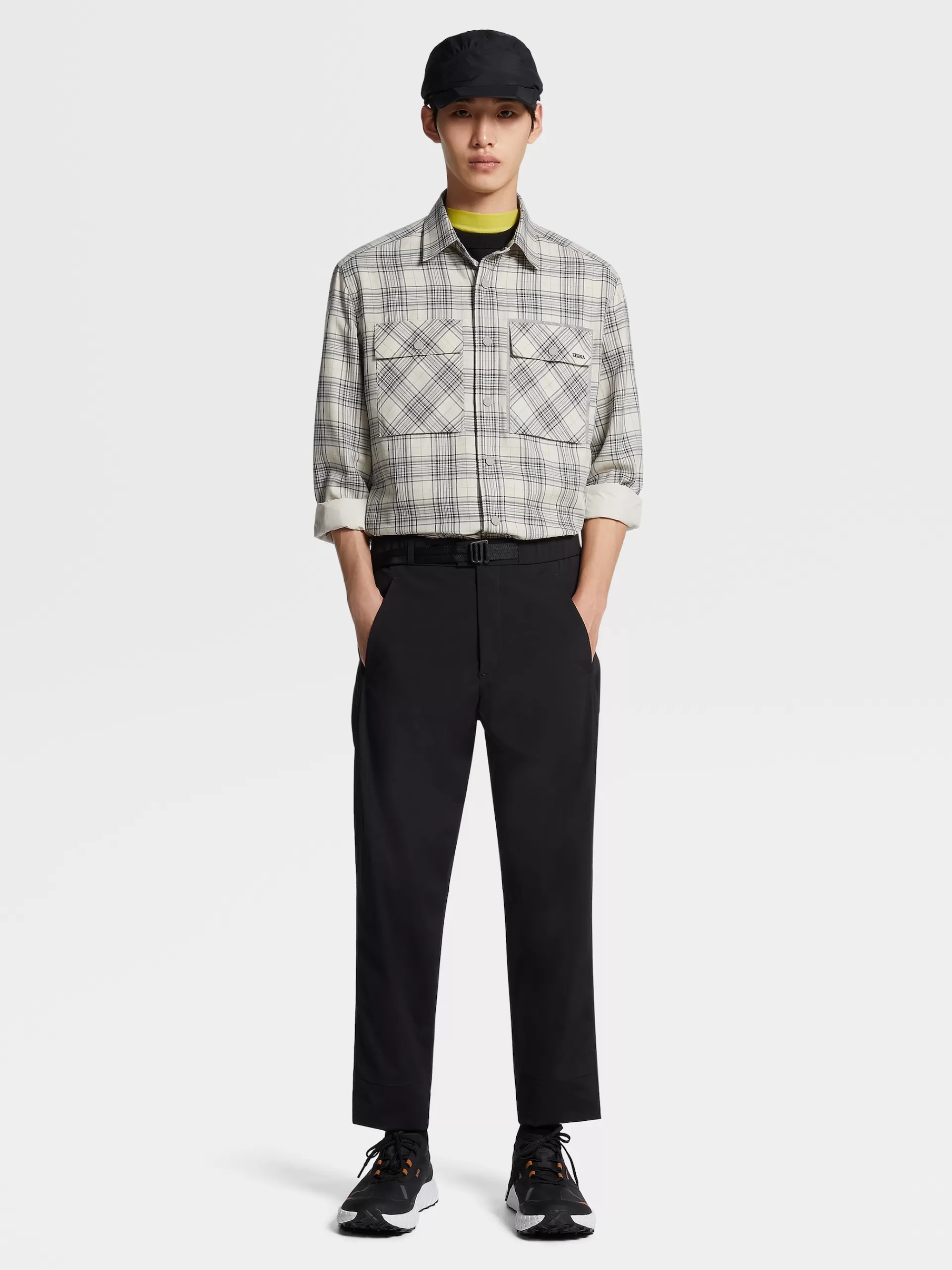 Sale ZEGNA Chemise Manches Longues Blanc Casse Et Noir A Damier En Cashco Blanc Casse/Noir
