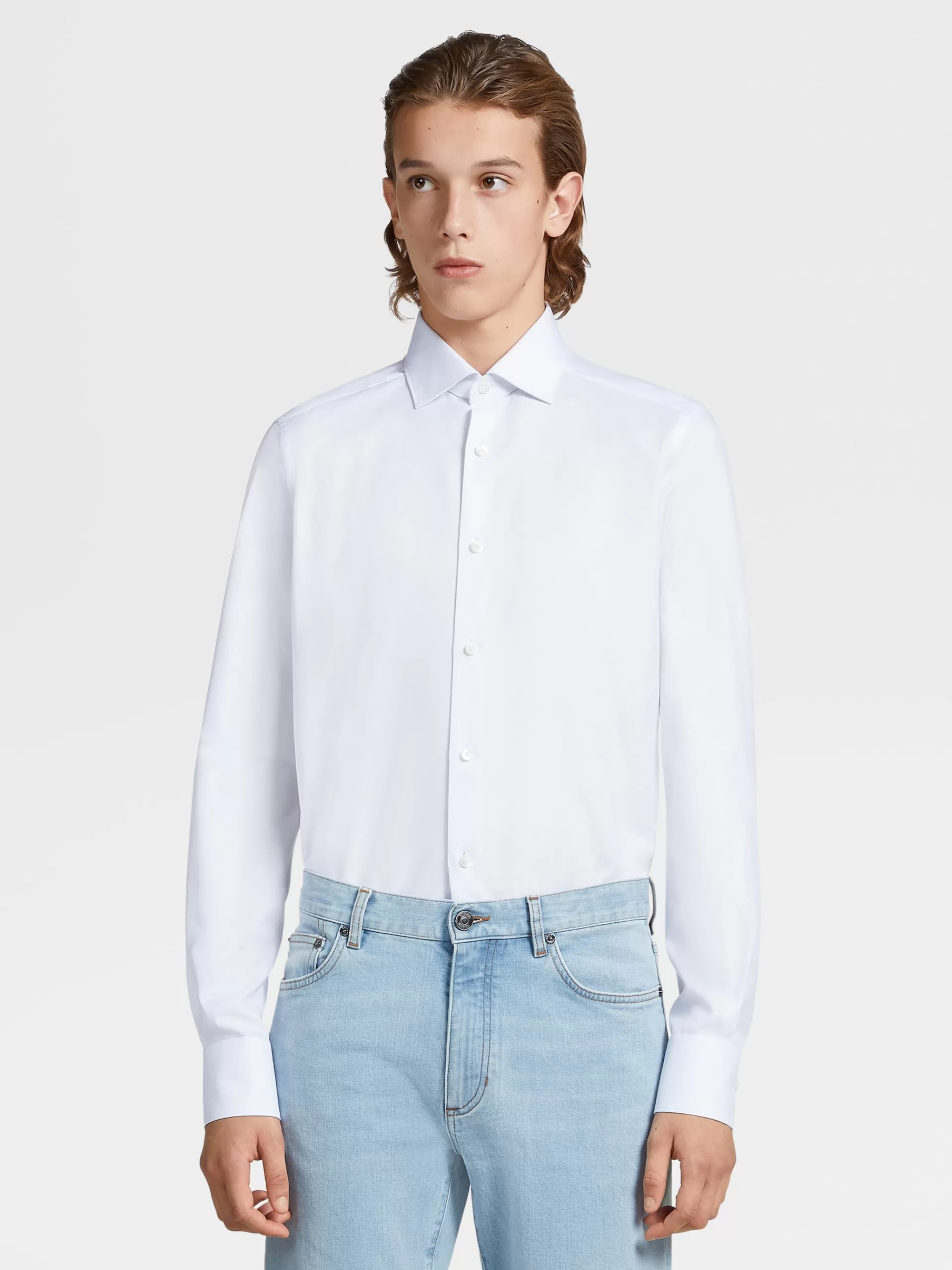 Fashion ZEGNA Chemise Manches Longues Habillee Bleu Clair Et Blanc A Micro-Rayures En Cotontrecapi Bleu Clair/Blanc