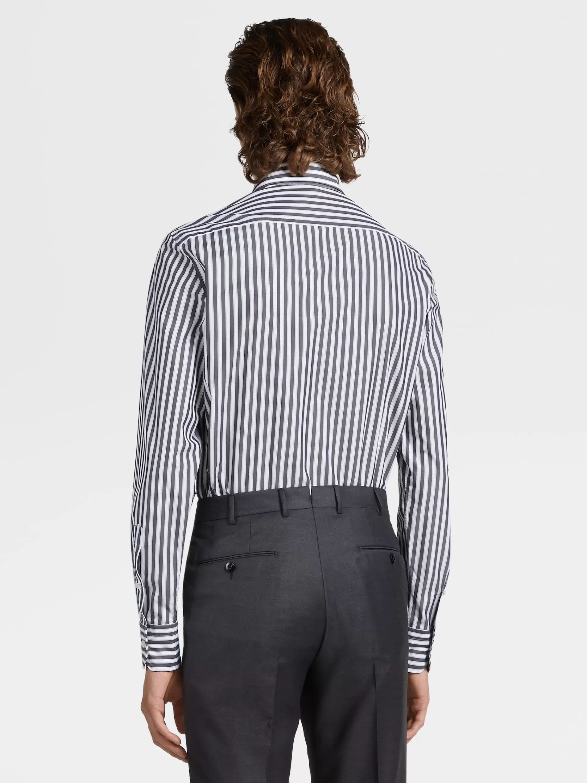 Cheap ZEGNA Chemise Manches Longues Habillee Bleu Gris Fonce A Rayures Larges En Coton Trofeo™ Comfort Gris Fonce/Blanc