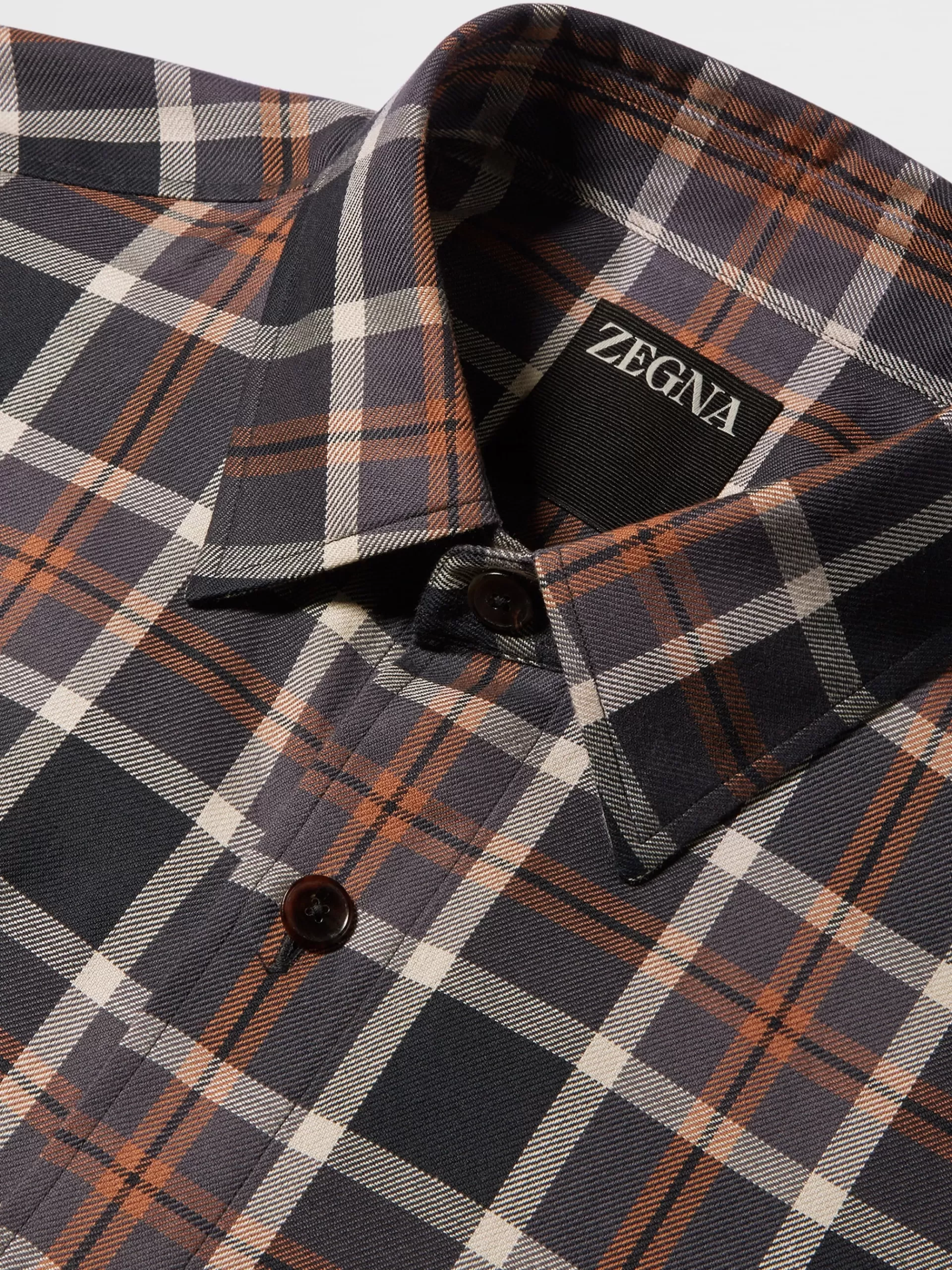 Store ZEGNA Chemise Manches Longues Marron Vigogne, Noir Et Gris Fonce A Grands Carreaux En Coton Marron Vigogne/Noir/Gris Fonce