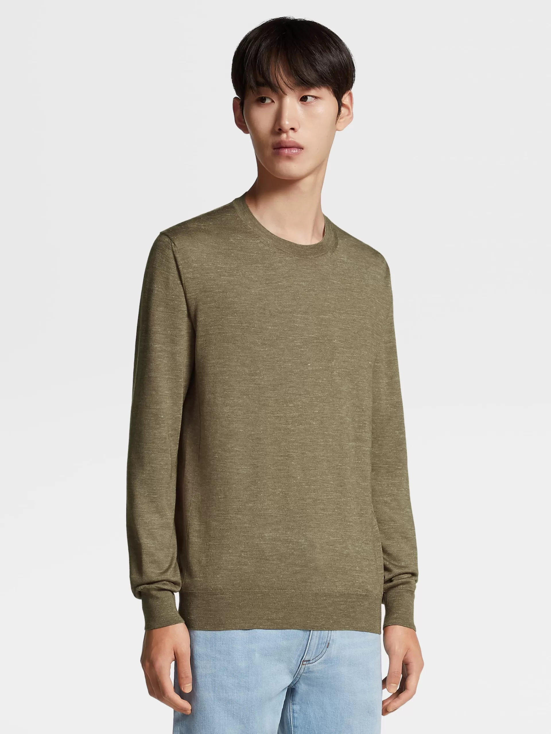 Shop ZEGNA Col Ras Du Cou En Maille De Soie, Cachemire Et Lin Vert Kaki Clair