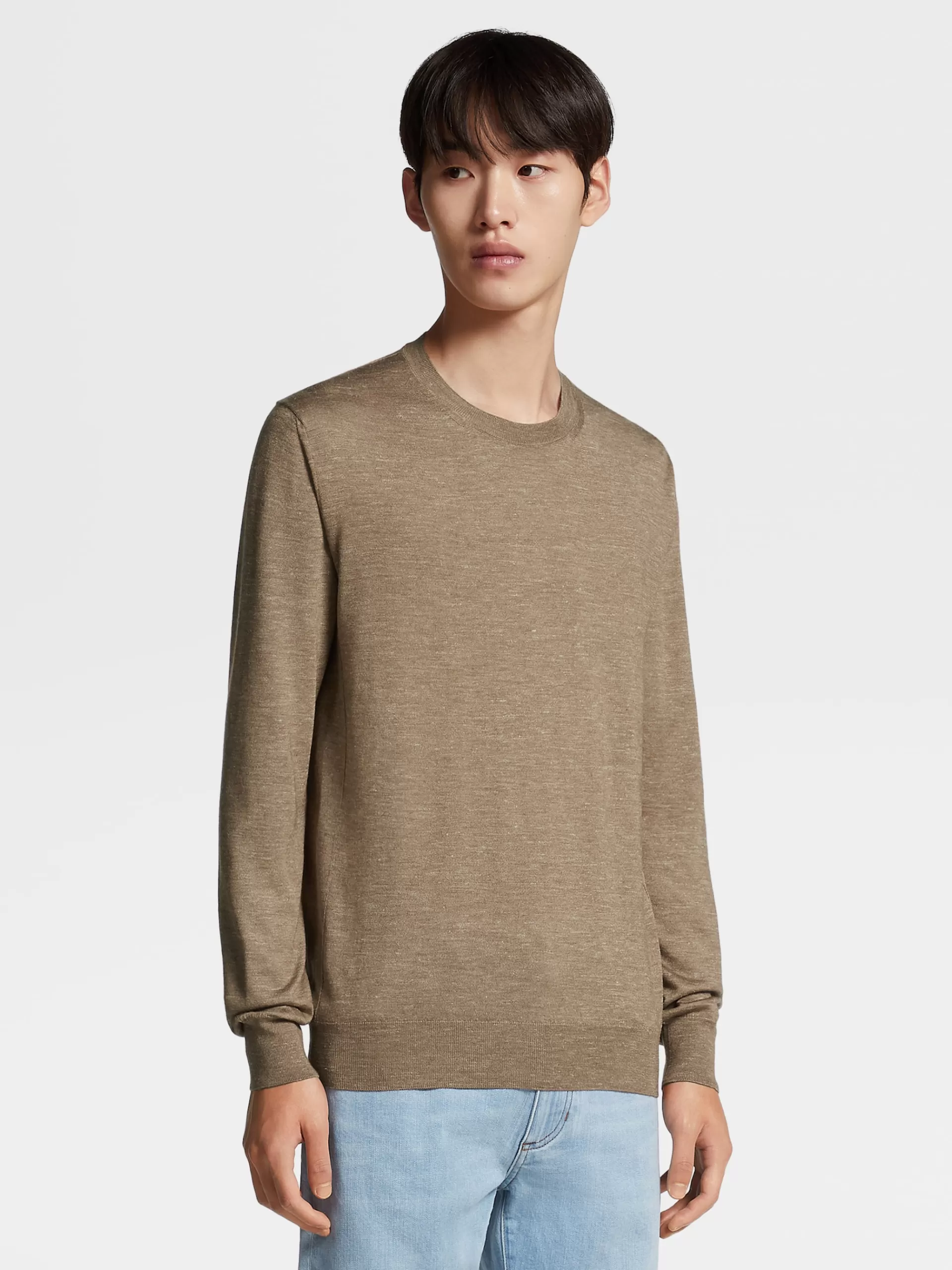 Flash Sale ZEGNA Col Ras Du Cou En Maille De Soie, Cachemire Et Lin Camel