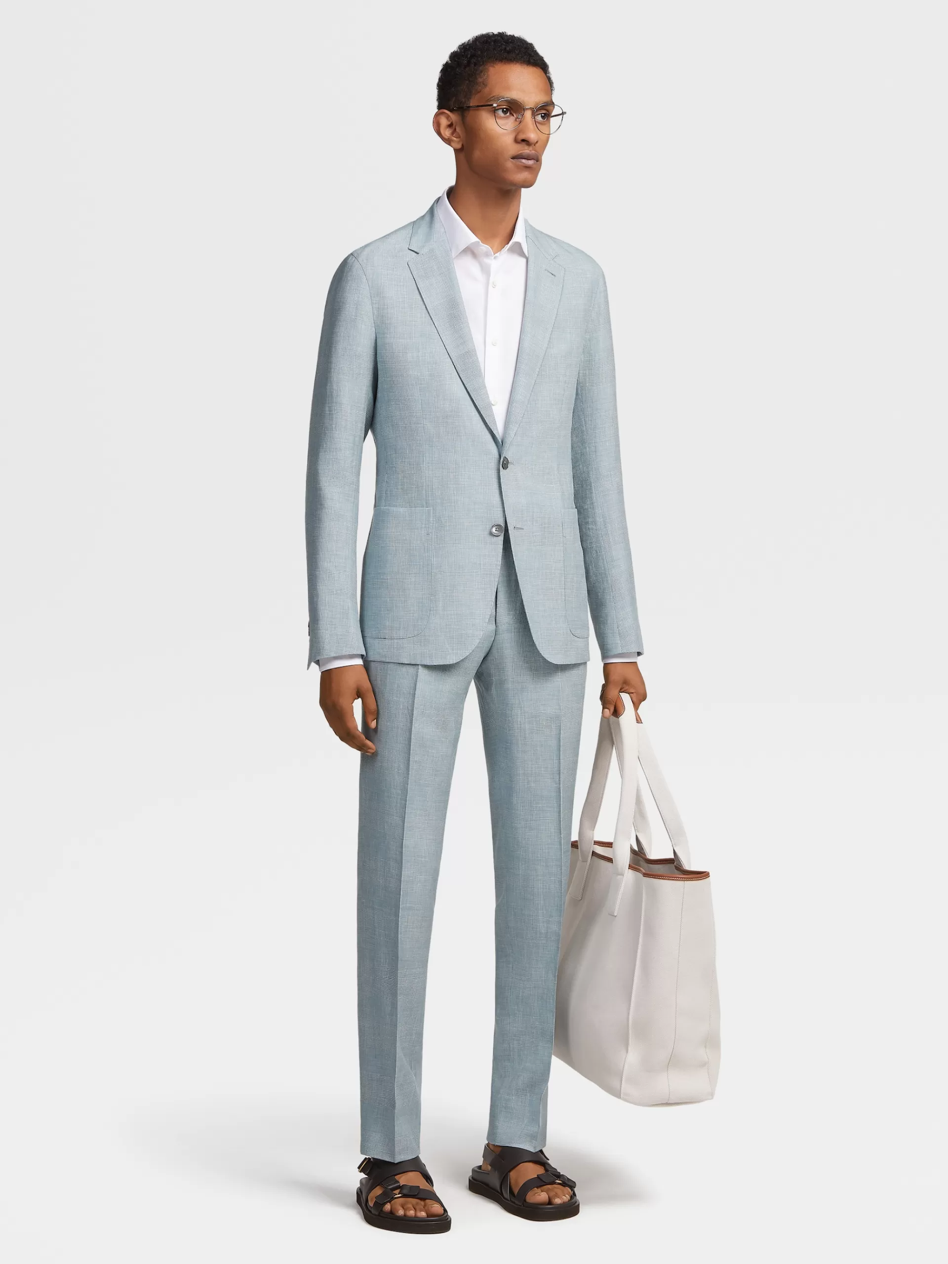 Store ZEGNA Pantalon Crossover En Laine Melangee Vert D'Eau Et Blanc Casse A Motif Prince De Galles Vert D'Eau/Blanc Casse