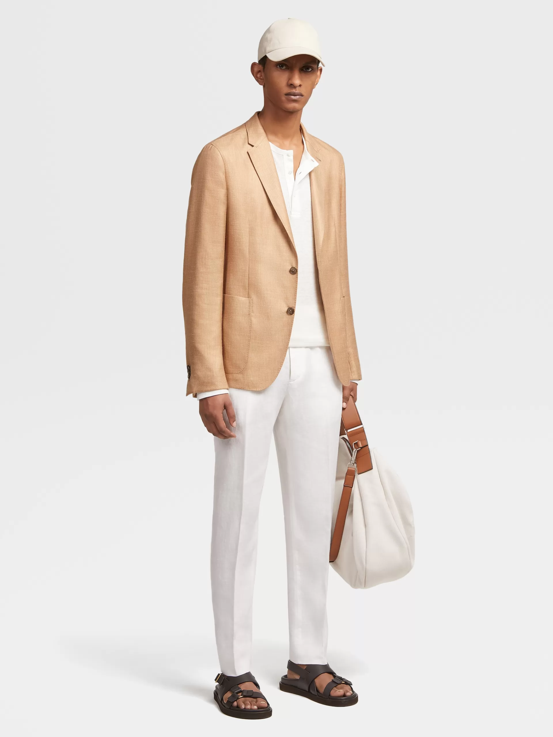 Store ZEGNA Veste Chemise En Soie, Cachemire Et Lin Beige Clair A Fines Rayures Beige Clair/Beige