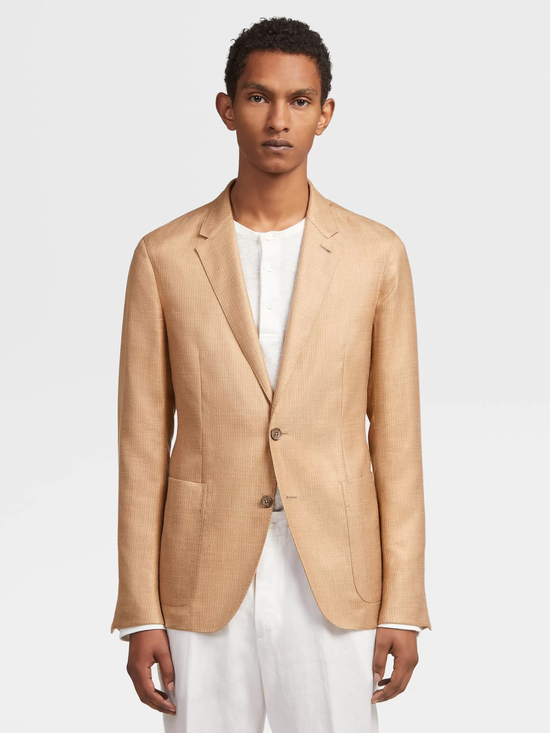 Store ZEGNA Veste Chemise En Soie, Cachemire Et Lin Beige Clair A Fines Rayures Beige Clair/Beige